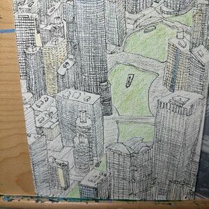Cityscape Illustration with Green and Gray Tones